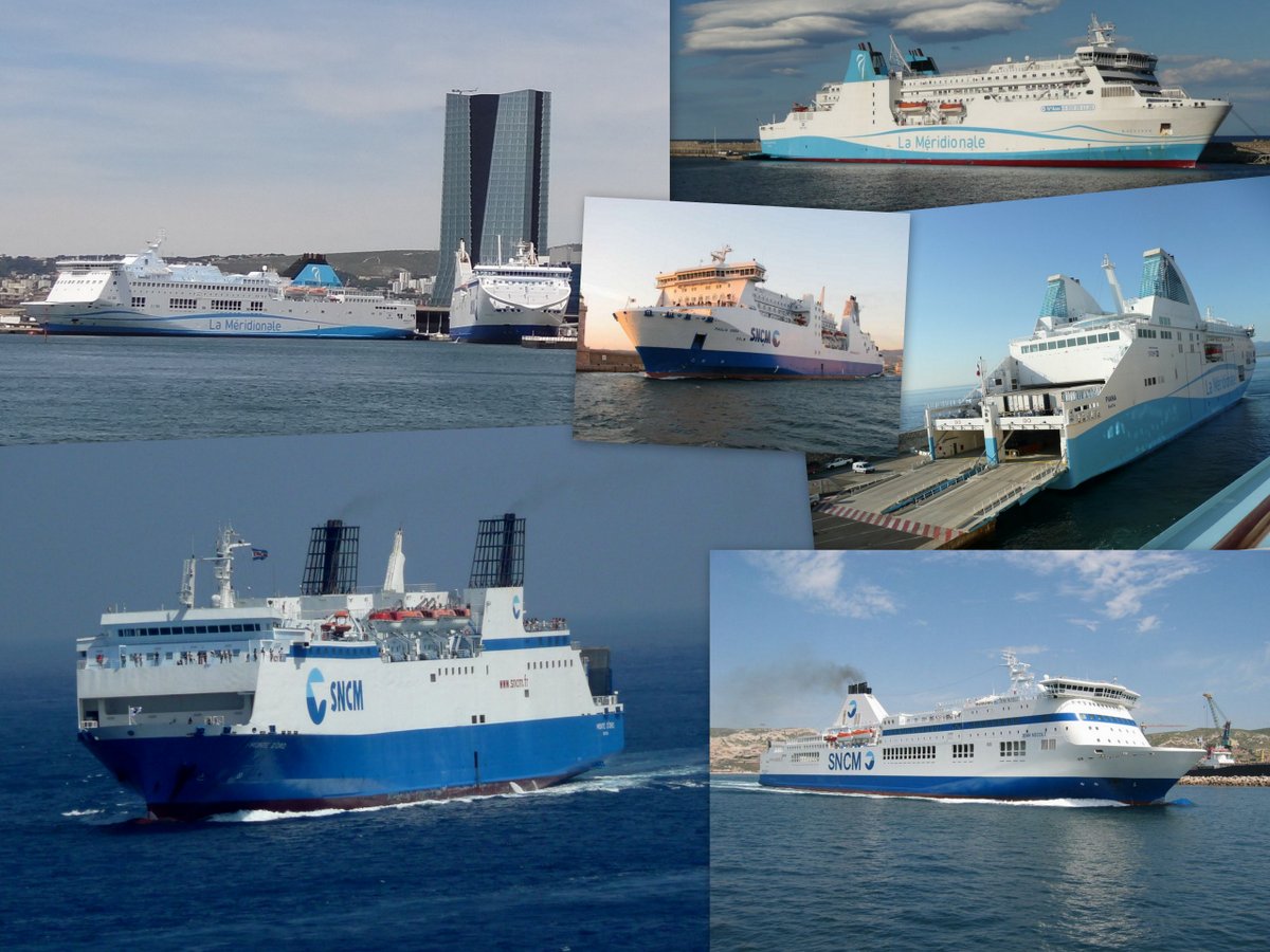 Les 7 navires mixtes de la continuité territoriale de la DSP 2007-2013 ; montage à partir de photos de Jean-Pierre Fabre, Nicolas Giovanetti et Romain Roussel.