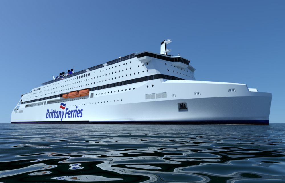 Image de synthèse du futur ferry au GNL de la Brittany Ferries publiée sur le site de Mer et Marine ; crédits : STX France.