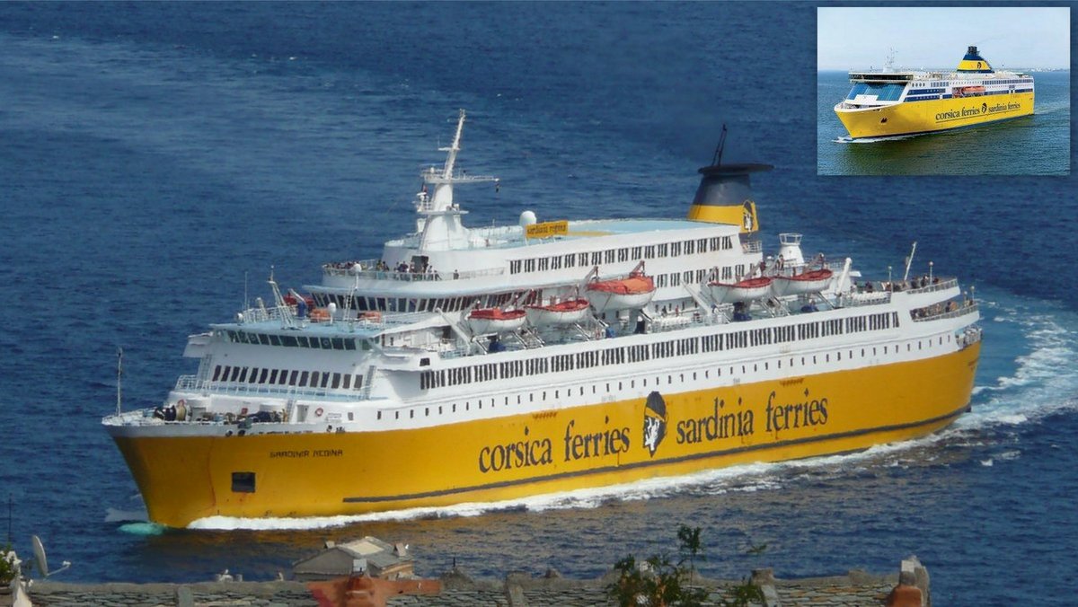 Photomontage du Sardinia Regina en août 2015 (photo : Romain Roussel) et de l'image de synthèse du Mega Express Six (source : Corsica Ferries).